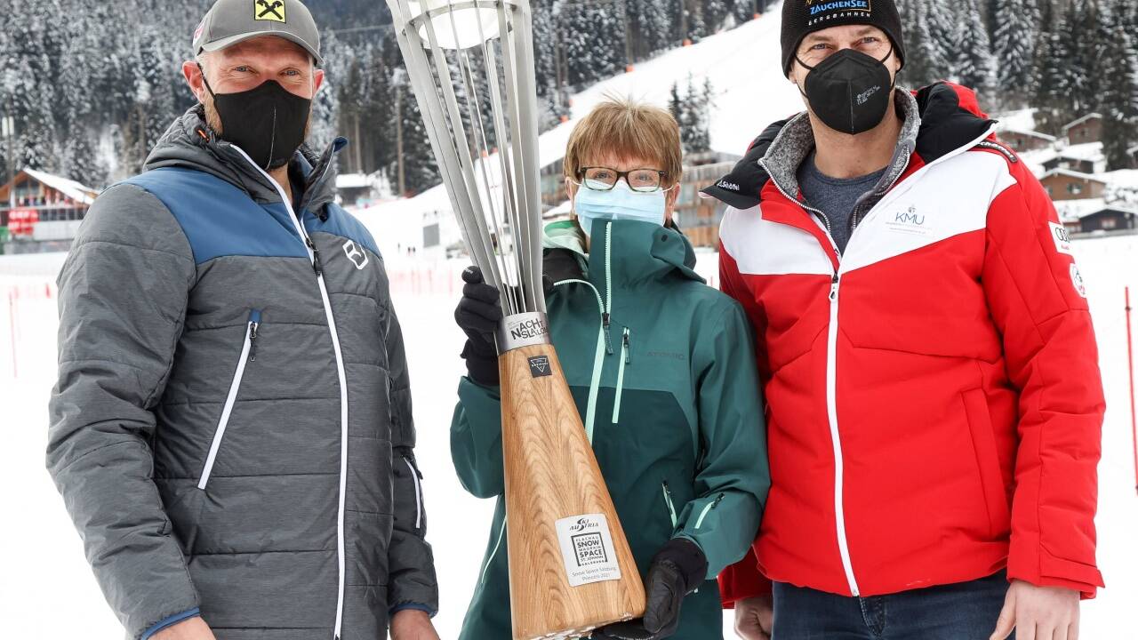 Die Skilegenden Hermann Maier, Annemarie Moser und Michael Walchhofer beim Pressegespräch in Flachau. 