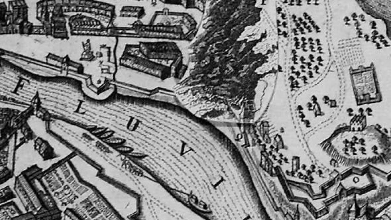 Die Salzach floss im 17. Jahrhundert noch ganz nah am Berg, wie auf dieser historischen Stadtansicht zu sehen ist.  