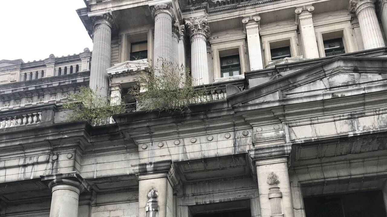 Stellenweise wachsen bereits Sträucher aus der Fassade des Justizpalastes in Brüssel.  Stellenweise wachsen bereits Sträucher aus der Fassade des Justizpalastes in Brüssel.