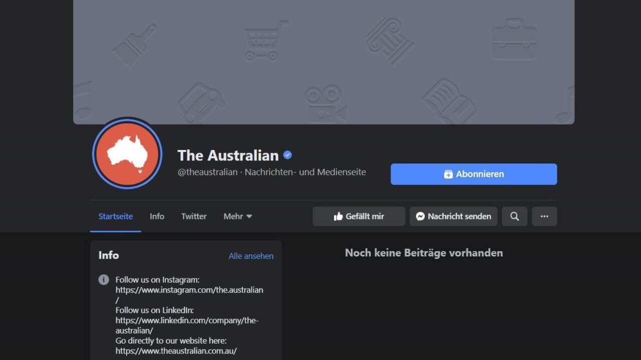Facebook-Seiten wie jene der Tageszeitung „The Australian“ sind plötzlich leer. 