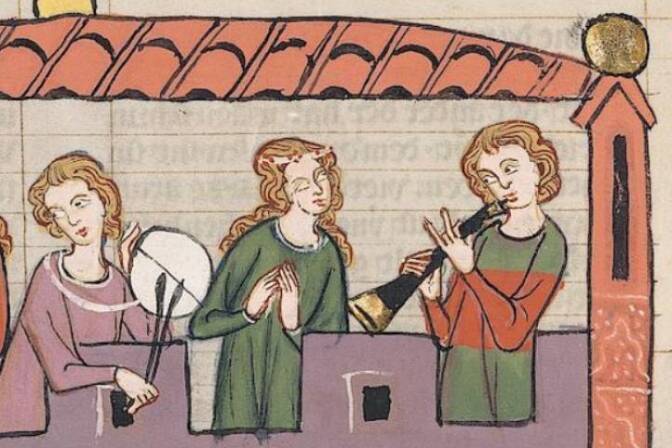 Musiker mit Schalmei, Ausschnitt aus „Albrecht Marschall von Rapperswil“, Codex Manesse, zwischen 1305 und 1340. <br /> 