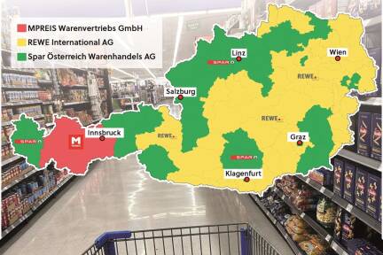 Wer hat wo die Nase vorne: Regionale Marktführer im heimischen Lebensmittelhandel, berechnet nach der Verkaufsfläche (Quelle: RegioData). 