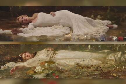 Oben ein Ausschnitt aus dem Musikvideo „The Fate of Ophelia“ von Taylor Swift, unten das Gemälde „Ophelia“von Friedrich Heyser (1857-1921).  
