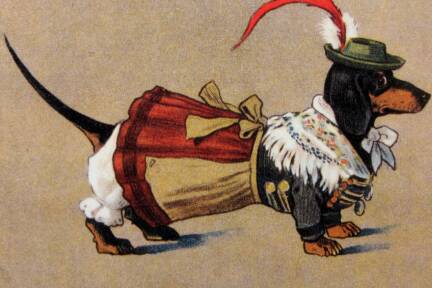 Dackel in Tracht: Postkarte von Paul Otto Engelhard, erschienen um 1905 im Verlag Ottmar Zieher. 