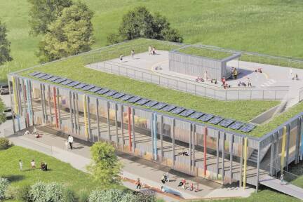 So soll der neue Pfarrwerfener Kindergarten aussehen, der bis Ende 2026 am Pfarrfeld entsteht.  