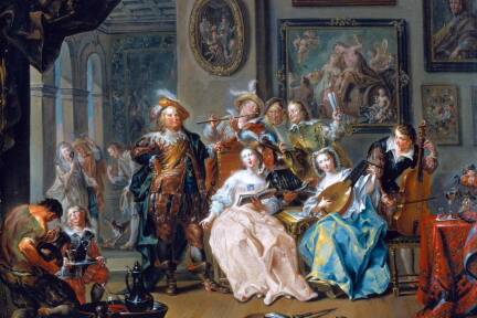 Das Signetbild für das Barockfest 2025: „Konzertprobe im Schloss“, Gemälde von Johann Georg Platzer (1704–1761), Öl auf Kupfer.  