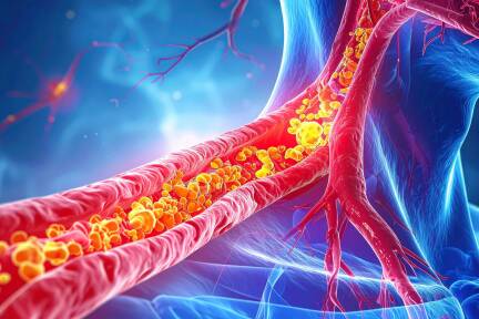 Detailed medical illustration of carotid artery showing plaque buildup. This concerning view of atherosclerosis has 