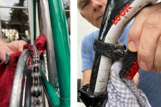 Fahrradpflege als eine lebensverlängernde Maßnahme: Erste Schritte sind das Abwischen und Trocknen des Antriebs mit einem Tuch und die Entfernung grober Verschmutzungen vom Rahmen. Fahrradpflege als eine lebensverlängernde Maßnahme: Erste Schritte sind das Abwischen und Trocknen des Antriebs mit einem Tuch und die Entfernung grober Verschmutzungen vom Rahmen.