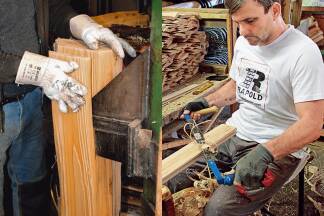 Zunächst werden die Schindeln von einem geviertelten Baumstamm gespalten und nach einem Zwischenschritt von Hand geputzt.  