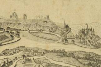 Auf dieser historischen Stadtansicht (Ausschnitt) ist das Schloss Müllegg mit seinen sieben Türmen zu sehen. Die Radierung ist im Besitz des Salzburg Museum.  