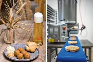 Bild links: Die veganen Treberbällchen sind ein beliebter Snack zum Bier. Bild rechts: Die Burgermaschine spuckt die fertigen Pattys aus. 
