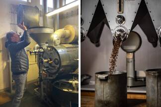 Links: Die Trommel wird befüllt. Rechts: Im Silo warten die Bohnen darauf, gemischt und abgefüllt zu werden. 