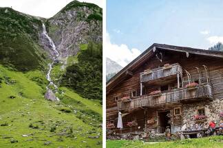Links: Blick ins Rauriser Krumltal. Rechts: Tauernhaus in Rauris. 