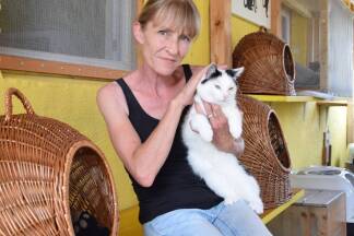Ulli Weinberger vom Tierheim Theo mit Kater „Lotto“. Ulli Weinberger vom Tierheim Theo mit Kater „Lotto“.