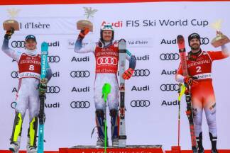 Atle Lie McGrath (NOR), Henrik Kristoffersen (NOR) and Loic Meillard (SUI). 