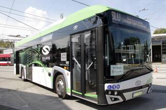 Testfahrzeug „Solaris Urbino 12 electric“ am 20. August 2025 in der Obusremise in Salzburg. 