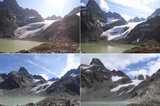 Blick vom Schweikertsee auf den Schweikertferner und den Fuß des Rofelewand-Massivs in den Jahren (v.l.) 2011, 2014, 2016 und 2018.  