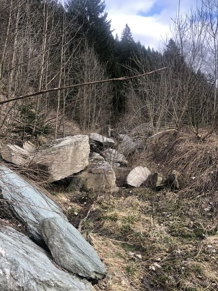 Datei:Felsbrocken im sicheren Steinschlagdamm.jpg